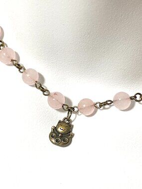 Genuine Pink Rose Quartz Short Necklace, Natural Gemstone & Bronze Fortune Cat